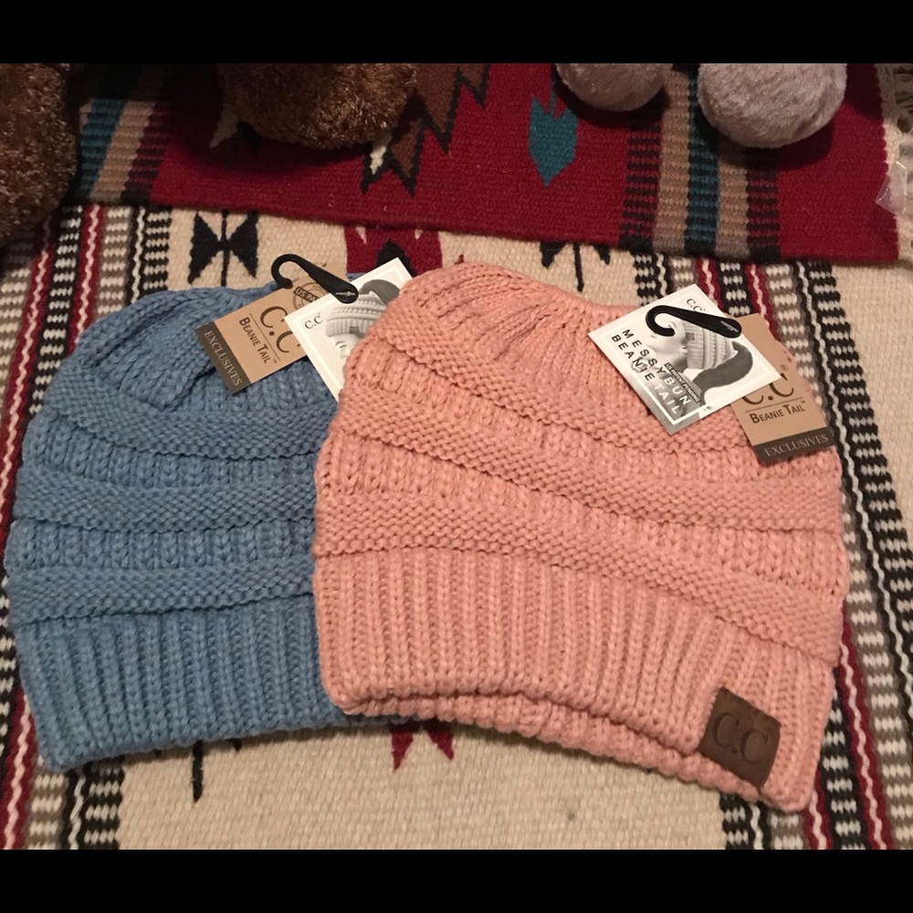 Two C.C messy bun authentic beanies, c.c ponytail